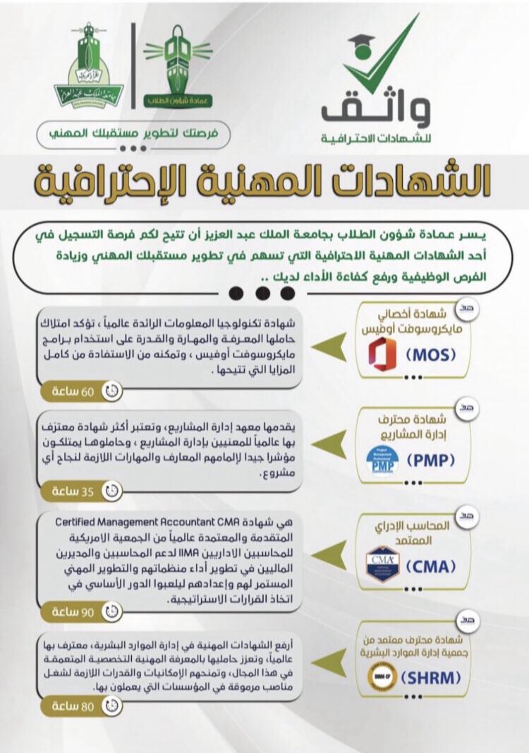 studentsaffair's tweet photo. #جامعة_الملك_عبدالعزيز 
عزيزتي الطالبة بادري للتسجيل في أحد الشهادات الاحترافية المدعومة باسترداد لكامل قيمة الاشتراك عبر مبادرة هدف الوطنية✨
- تدريب احترافي.
- اعتمادات محلية ودولية.
من خلال الرابط التالي:
https://t.co/he1WEbhxqb…
للاستفسار مراجعة مبنى ٦٥(مكتب 1B-4) https://t.co/6CgN1zh3O5