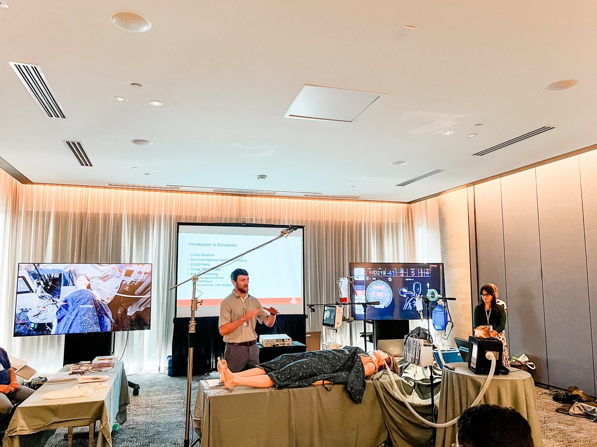 Ever wonder what an #ECMO simulation looks like? We make it as real as possible. Patient monitor, a camera to record/display, ventilator, ECMO pump(s), and a medical manikin. Andy Bledsoe, RRT, Lead ECMO Specialist is in charge of this one.  #SEECMO #Nashville #RRT