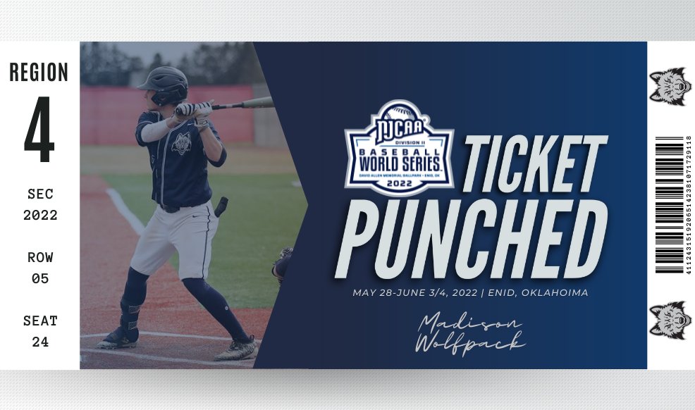 NJCAABaseball's tweet photo. The Wolfpack are Enid-bound! 🎟️👊

Madison will compete in the 2022 #NJCAABaseball DII World Series for the 11th time in program history after winning the Midwest District!

https://t.co/EhSnaJkzx4 https://t.co/P77jWRUGFh
