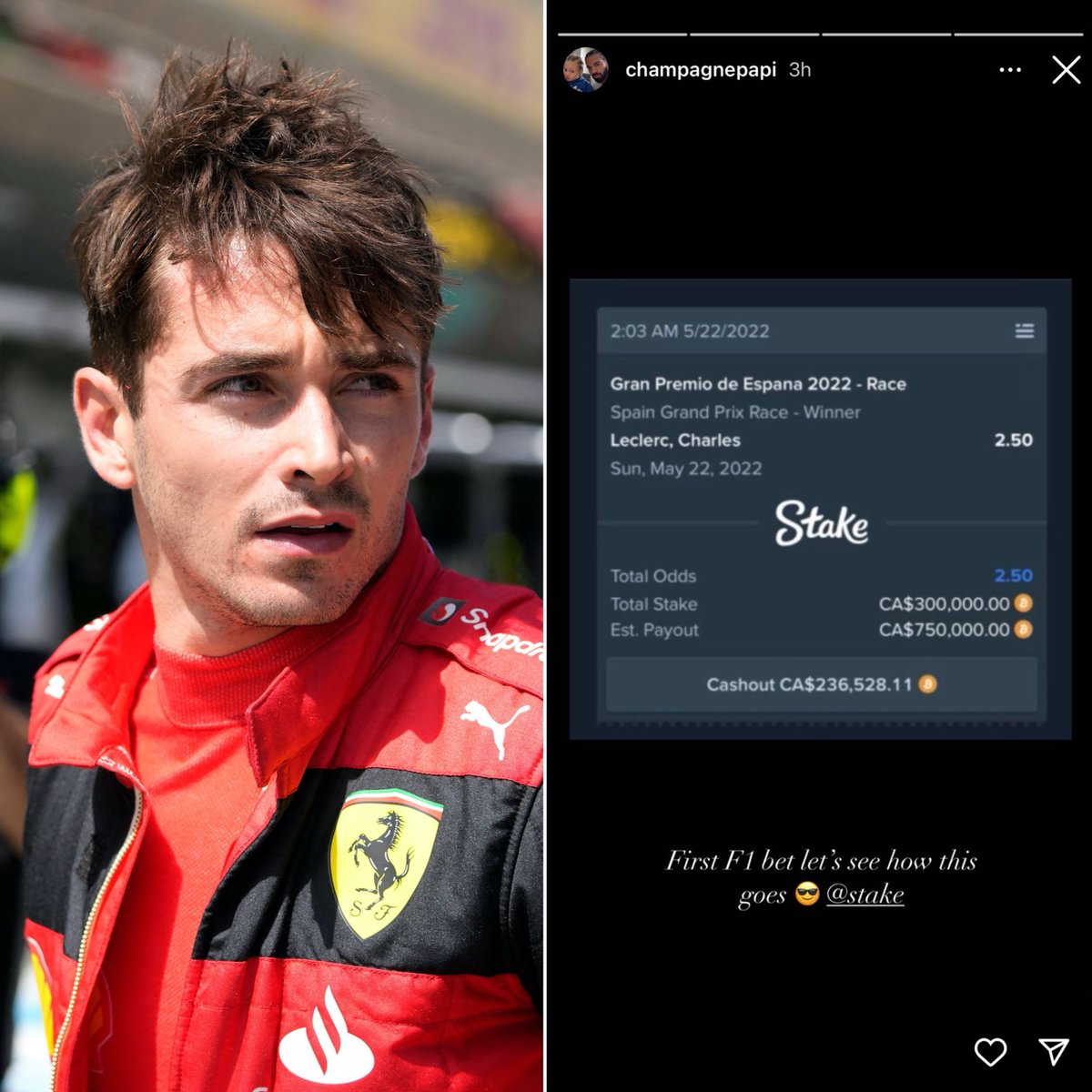 ESPNF1's tweet photo. Drake put $230K on Charles Leclerc to win the Spanish Grand Prix.
The curse strikes again ๐ค https://t.co/Xvh6lhvKEA