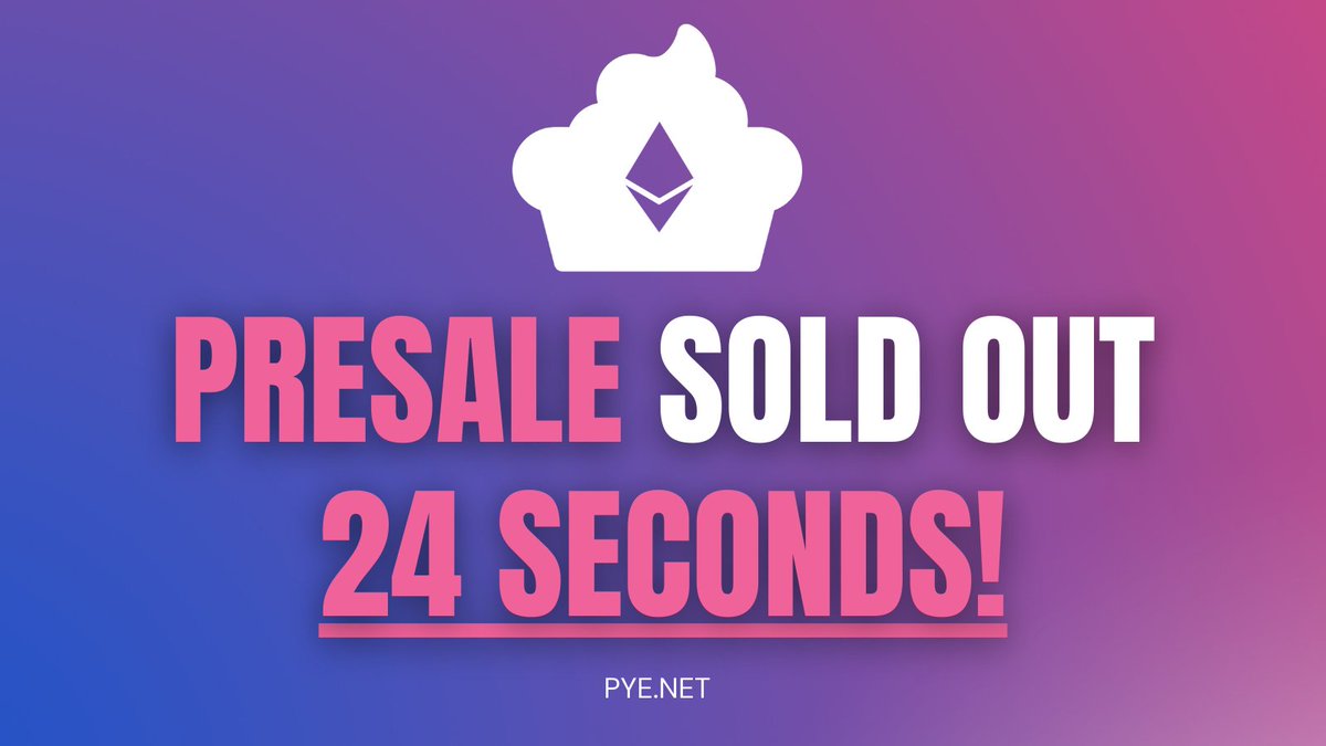 24 SECONDS AND THE PRESALE WAS FILLED!!! A HUGE THANK YOU TO #PYENATION AND BELIEVING IN THE VISION OF SWAP 2.0 PROTOCOL &amp; THE CIRCLE OF PYE! 

NOW IT'S TIME TO BRING SWAP 2.0 TO ETH!

LAUNCH IS MAY 23RD. GET READY.

JOIN US! T.ME/OFFICIALPYE

#PYE #PYESWAP #ETH