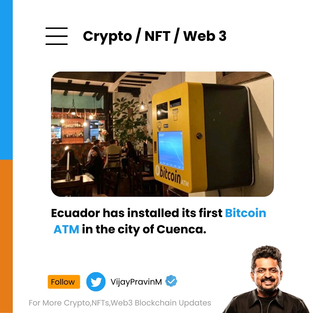 Ecuador has installed its first #Bitcoin ATM in the city of Cuenca. #Crypto  #Web3 #NFTs #CryptocurrencyNews