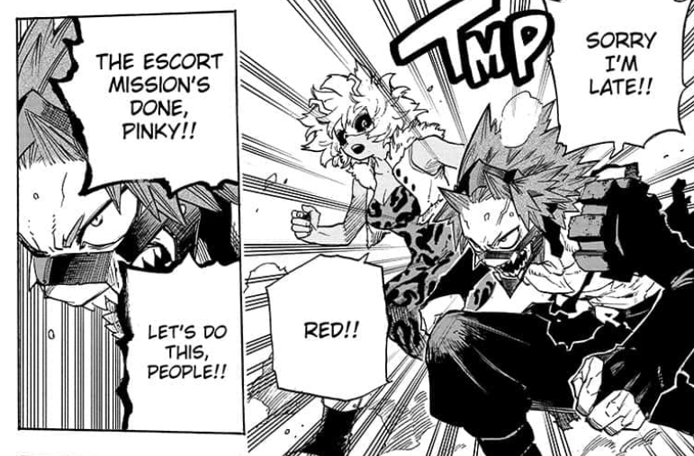 Mina calling him "Red" uuugh, that's so cute and friendly, up until now it was a Fatgum thing. Nice contrast between "Red and Pink(y)" they complement each other awww.