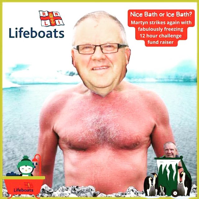 Until 7pm!! outside Morecambe’s inshore lifeboat station on the promenade.

Like any athlete he has been in training taking cold showers every morning and eating copious amounts of ice lollies the day before in a final attempt to become used to sun zero temperatures…