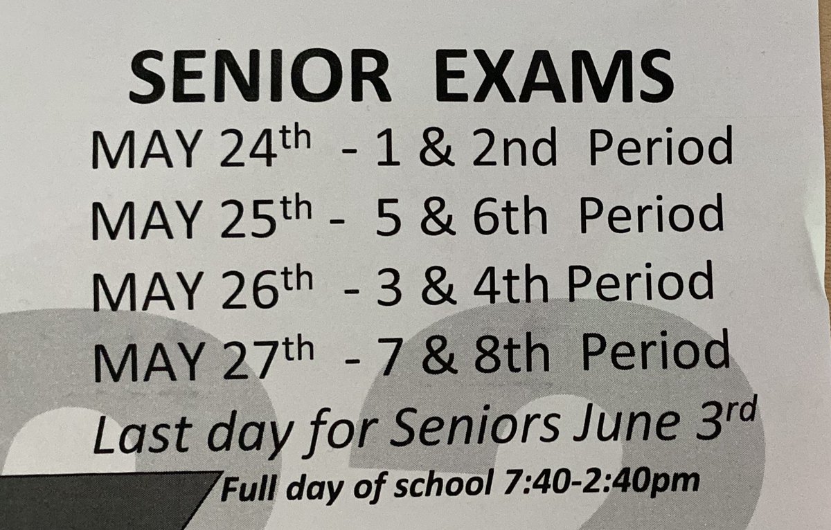Seniors exam this this week. Return your books all week during lunch.