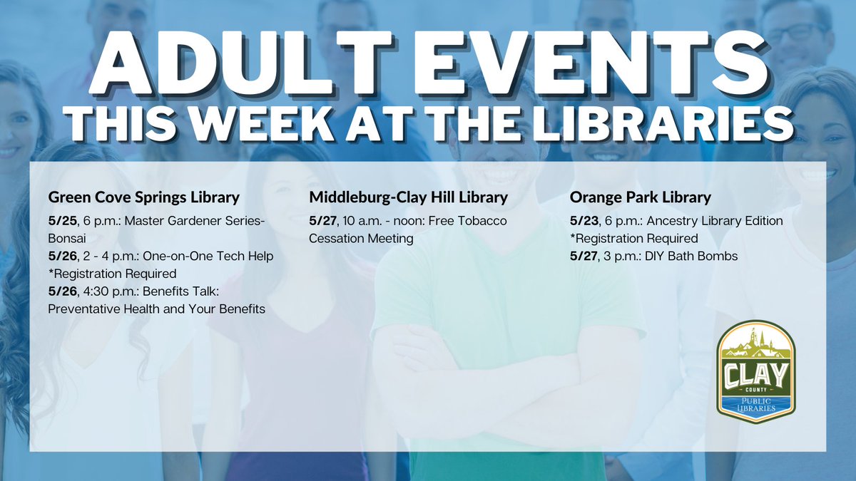 ClayLibrary's tweet image. Check out these events happening this week at your local Clay County Libraries.
#ClayCoLibrary