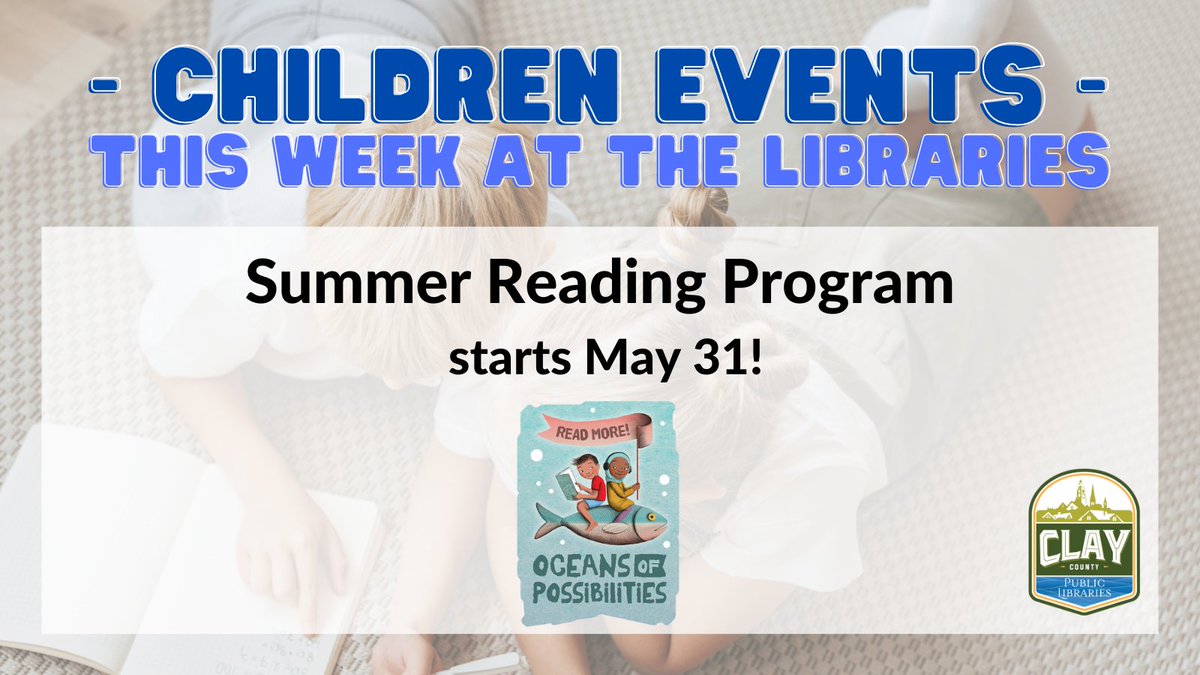 ClayLibrary's tweet image. Check out these events happening this week at your local Clay County Libraries.
#ClayCoLibrary