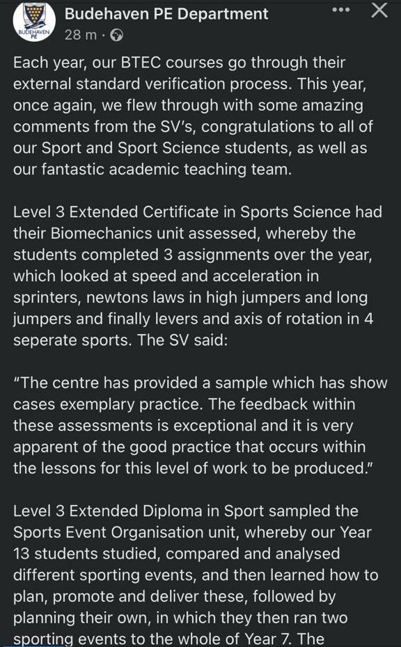 BudehavenPe's tweet photo. We are very pleased with our BTEC sport external standard verification feedback! 

Well done to students and staff 👏 https://t.co/bw2HwVSYgy