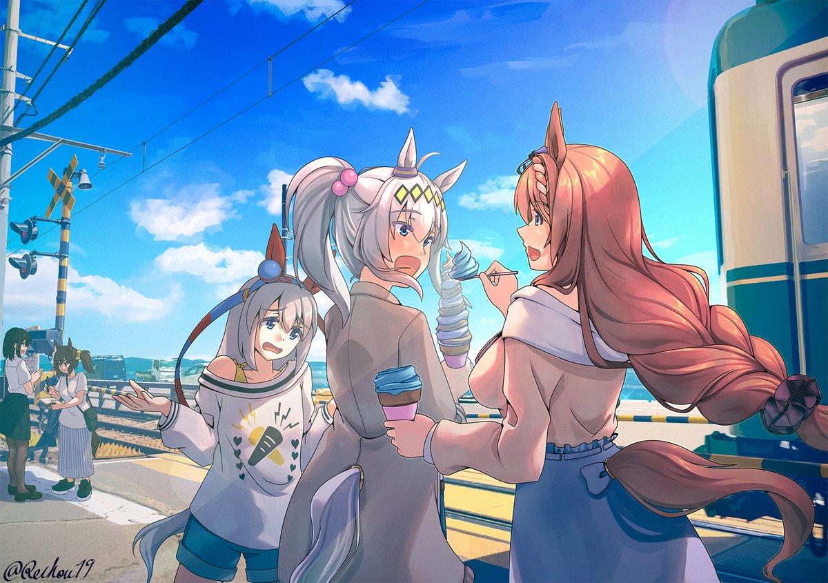 oguri cap (umamusume) ,super creek (umamusume) ,tamamo cross (umamusume) multiple girls animal ears horse ears horse tail tail horse girl braid  illustration images