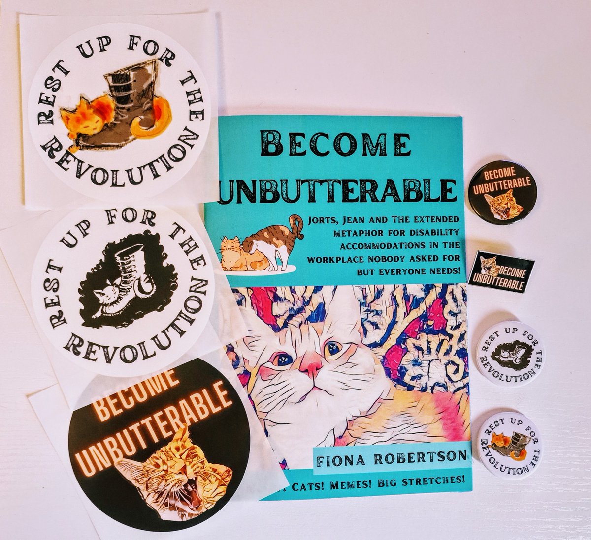 FionasWriting's tweet photo. Announcement: The Zine Fest items are now for sale on my new Etsy shop, along with the zine in my pinned tweet.

There is the Zine made from the @JortsTheCat article (the same but with more illustrations), stickers and badges of Become Unbutterable and Rest Up For The Revolution! https://t.co/V0tGaF071v