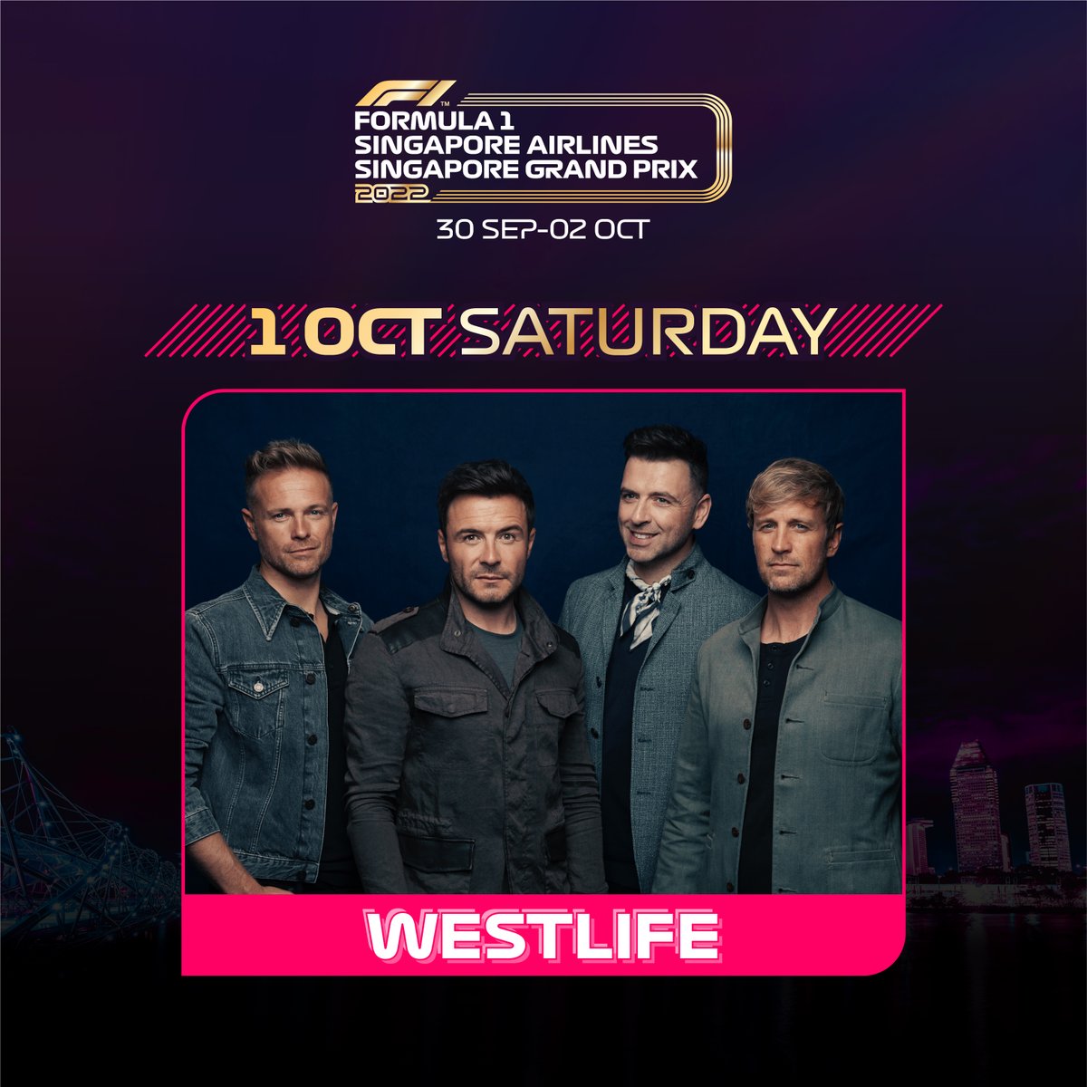 westlifemusic's tweet photo. SINGAPORE! We are so excited to announce that we will be playing the Formula 1 Singapore Grand Prix on the 1st of October. Tickets go on sale tomorrow morning at 10AM local time. 🙌💛 https://t.co/Fp2HsCGaDM