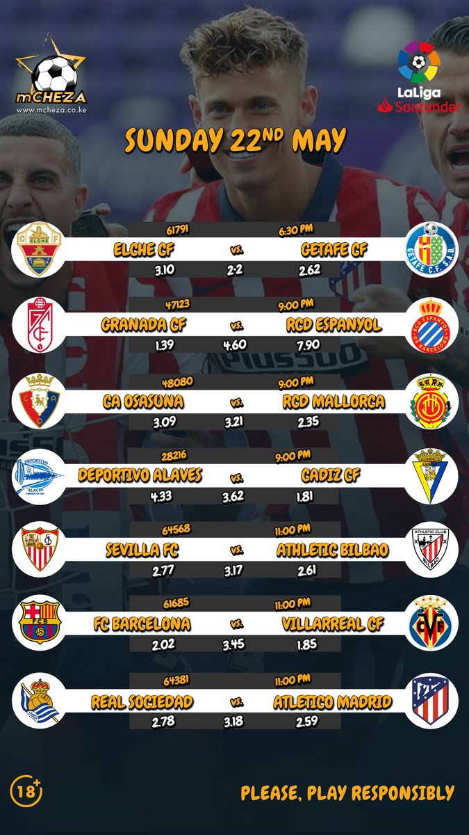 Mcheza_Care's tweet photo. Equivalently, the last day of the Spanish La Liga as the final places on the table, for places in the European competition as well. The action takes place from 6:30 pm.

#mCHEZAKE
#LaLigaSantander
#ChezaNamCHEZA
#ShindaNamCHEZA https://t.co/1o9F1Wl0X1