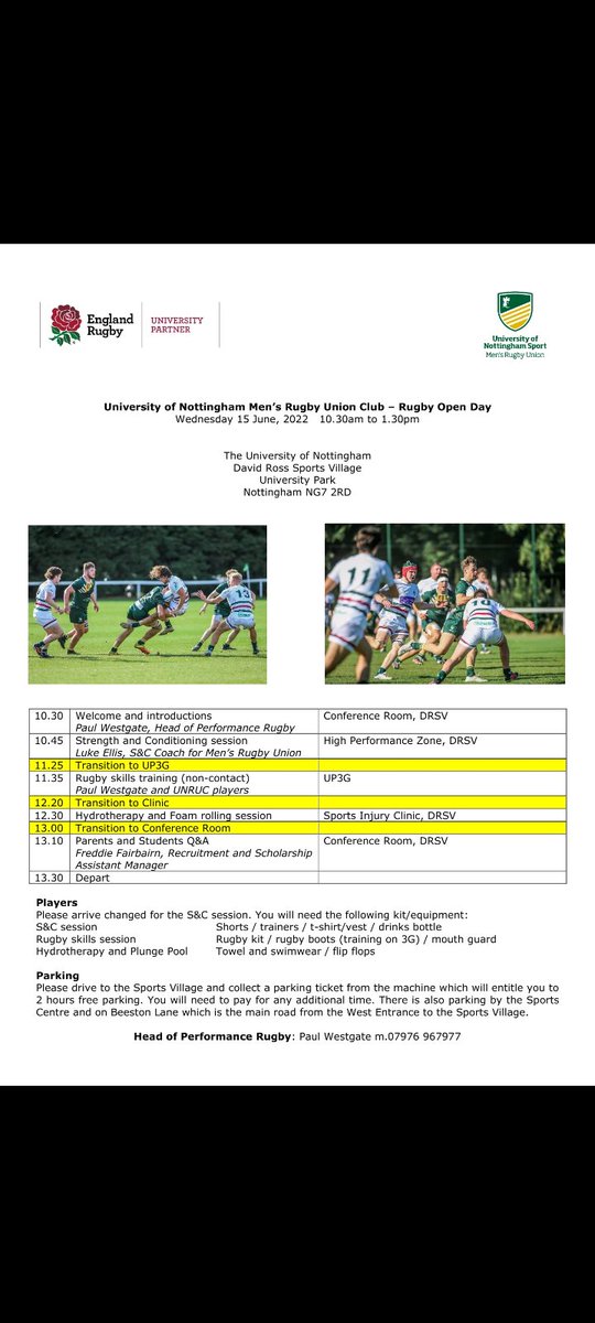Rugby Open Day for School Year 12 students at the University of Nottingham on Wednesday 15 June. Please contact Paul for further details.
Paul.westgate@nottingham.ac.uk