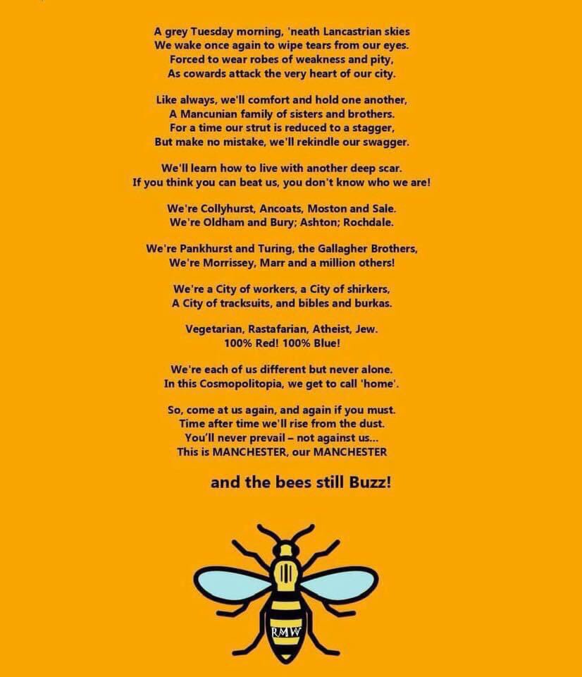 🐝🐝🐝🐝🐝🐝🐝🐝🐝🐝🐝🐝🐝🐝🐝🐝🐝🐝🐝🐝🐝🐝
22.05.17 remembering those who lost their lives in the Manchester attack and the City’s response to the tragedy.
Proud to be from Manchester. This is Manchester and we do things differently here ❤️💙

#ManchesterRemembers #Manchester22