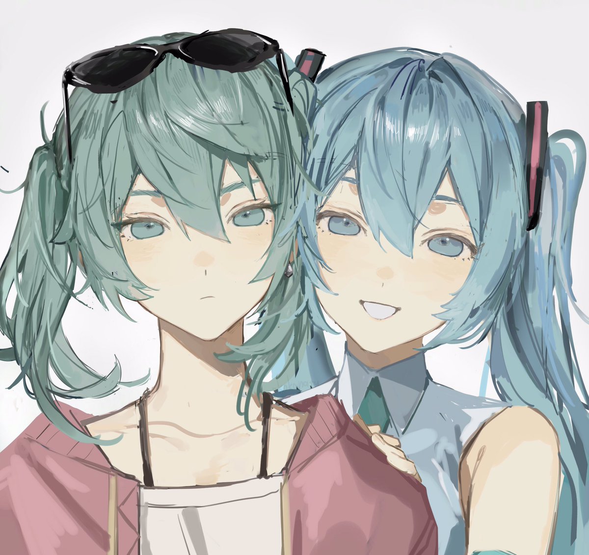hatsune miku multiple girls 2girls twintails eyewear on head sunglasses long hair dual persona  illustration images