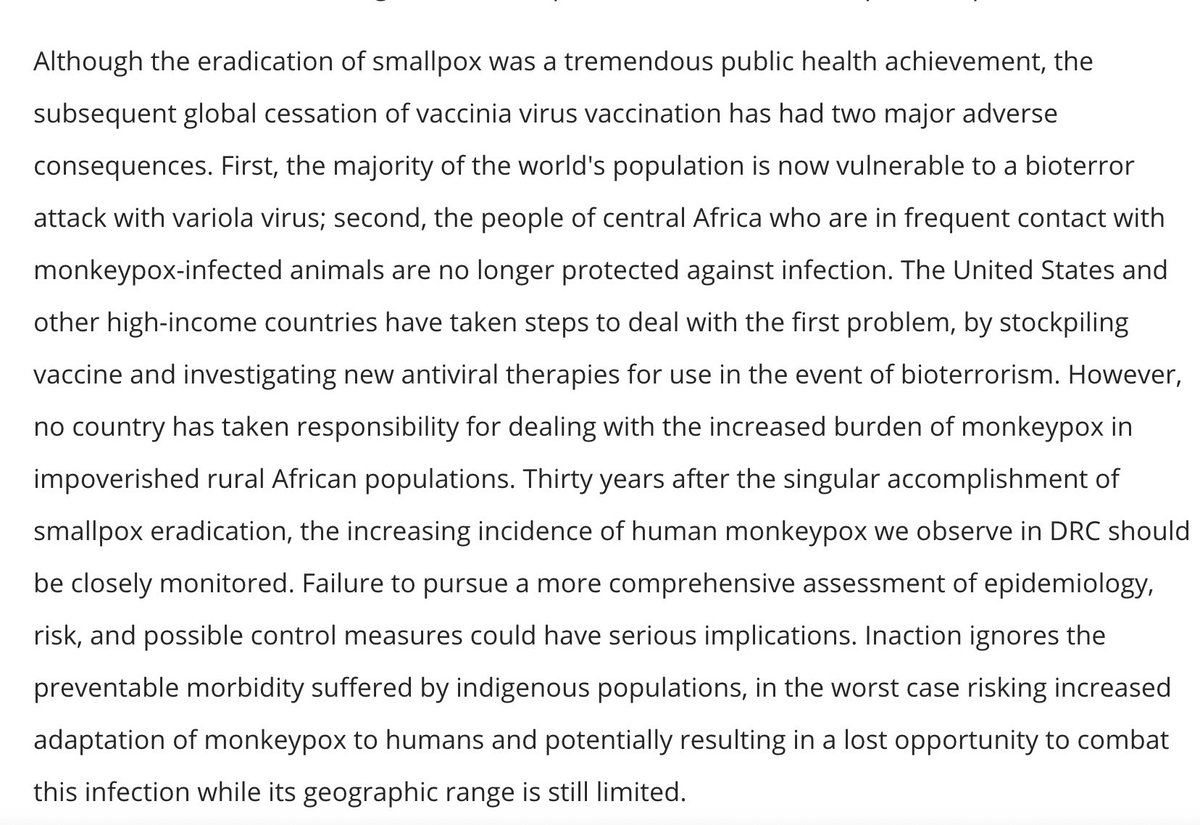 nschwalbe's tweet photo. The Democratic Republic of the Congo has been grappling with monkeypox for decades. 

Nigeria has had 500 suspected cases since 2017.

If smallpox vaccines are effective against #monkeypox, shouldn't we be using and producing them in endemic countries in Africa? https://t.co/jFwdreMAY5