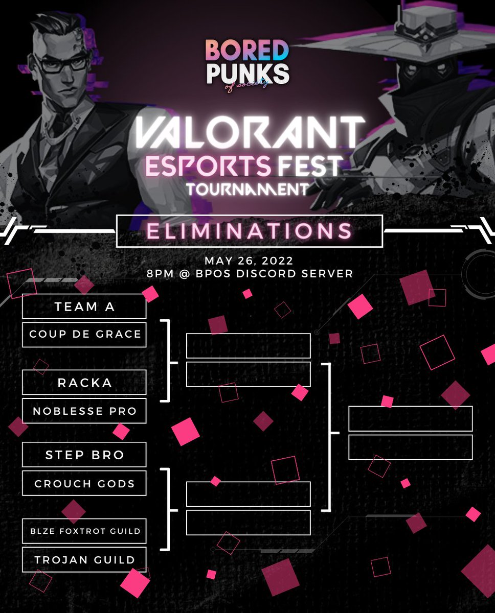 boredpunksoc's tweet photo. 🚨 CALLING ALL THE TEAM PLAYERS 🚨

We know you guys have been wanting to know your opponents! Please follow the gaming bracket:
- Team A vs. Coup de Grace
- Racka vs. Noblesse Pro
- Step Bro vs. Crouch Gods
- BLZE Foxtrot Guild vs. Trojan Guild

Stay tuned for more updates! 🥳 https://t.co/nfOmFUp8i4