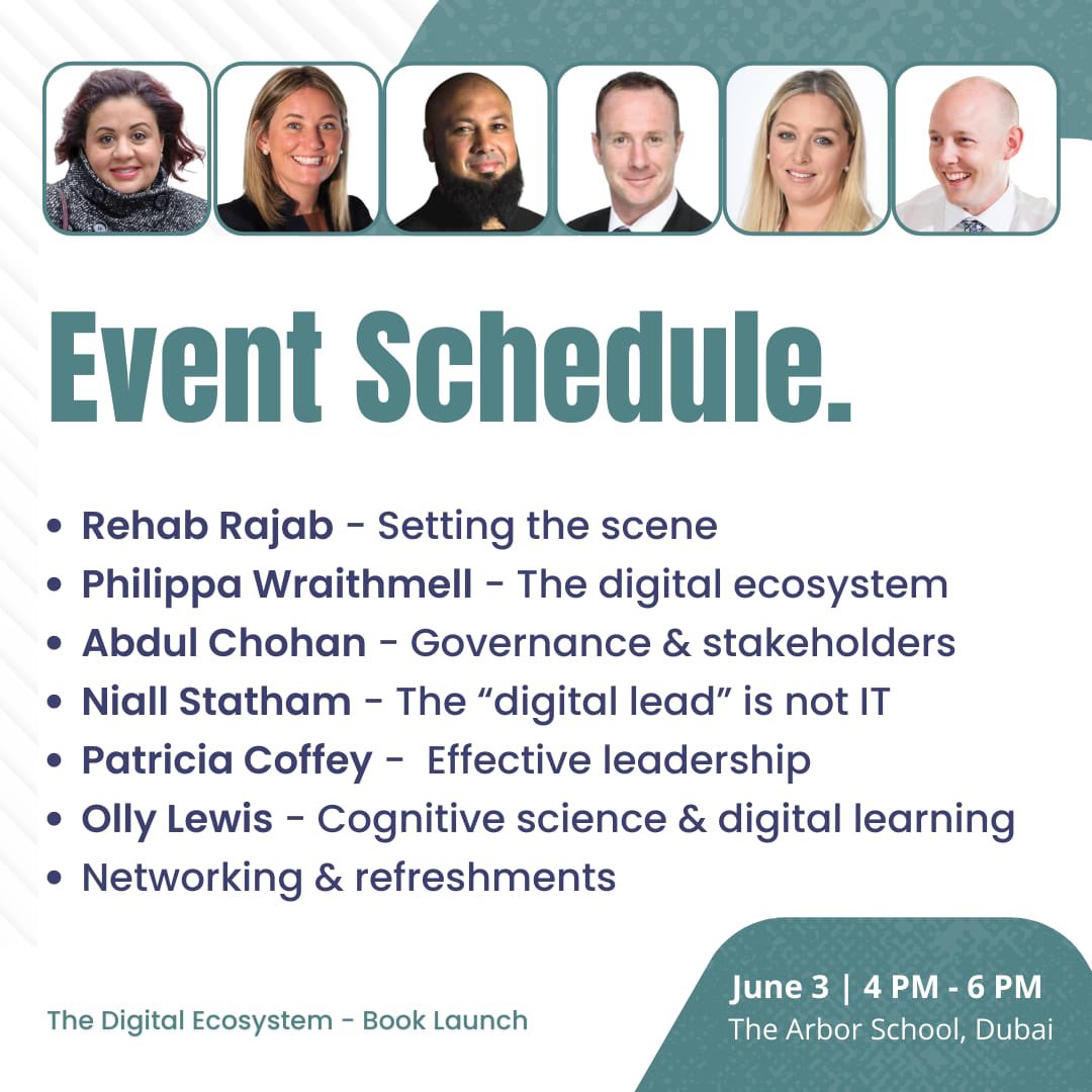 **Announcement Alert**
#TheDigitalEcosystem Book launch is here! 
lnkd.in/dmTp7T4X 
Join <a href="/rehabrajab/">Rehab Rajab</a> <a href="/Abdulchohan/">Abdul Chohan</a> <a href="/NiallStatham/">Niall Statham</a> <a href="/coffeychemistry/">Patricia Coffey</a> <a href="/OLewis_coaching/">Olly Lewis</a> &amp; I as we share insights into how YOU can create a sustainable digital ecosystem in your school &amp; region.