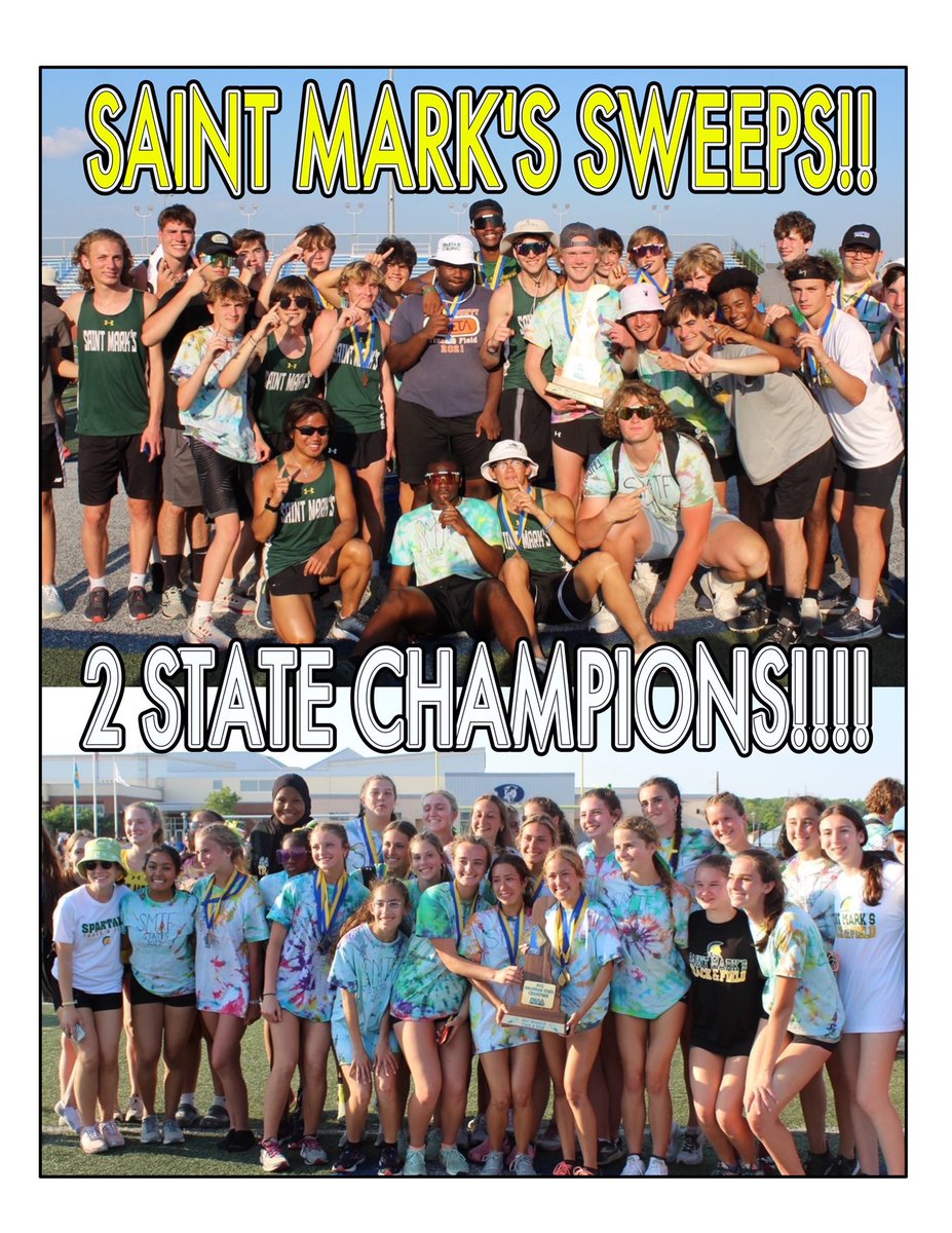 SaintMarksHS's tweet photo. 🏆TWO STATE CHAMPIONS: SAINT MARK’S SWEEPS AT @DIAA_DELAWARE TRACK AND FIELD CHAMPIONSHIP🏆
Congratulations to our Saint Mark’s @SpartanRunner Boys & Girls Track & Field Teams for BOTH bringing home 2 more State Championship Trophies!
#ThePlaceToRun #SpartanSpeed #SaintMarksHS https://t.co/vJn7PWSmQv