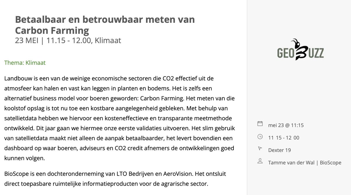 Maandag een presentatie op <a href="/GeoBuzz_Event/">GeoBuzz</a> over onze tools voor #carbonfarming: 45 minuten, dus ik hoop op veel interactie! Dus:  alles over drones en satellieten voor klimaat in landbouwpraktijk #koolstofboeren <a href="/ZLTO/">ZLTO</a> @HAShogeschool <a href="/DataWUR/">WURdata</a> @AereshboDronten <a href="/jadatascience/">JADS</a>