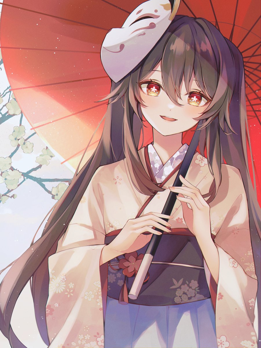 hu tao (genshin impact) 1girl umbrella japanese clothes kimono brown hair solo twintails  illustration images