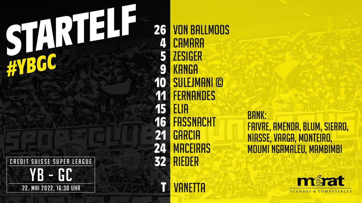 BSC_YB's tweet photo. So spielt YB mit Captain Sulejmani heute gegen GC 💛🖤

Abwesende: Lustenberger (gesperrt), Siebatcheu, Lauper, Lefort, Petignat (verletzt), Racioppi, Maier (nicht im Aufgebot).

#BSCYB #YBGC #MerciSuki https://t.co/ke9XenrHPy