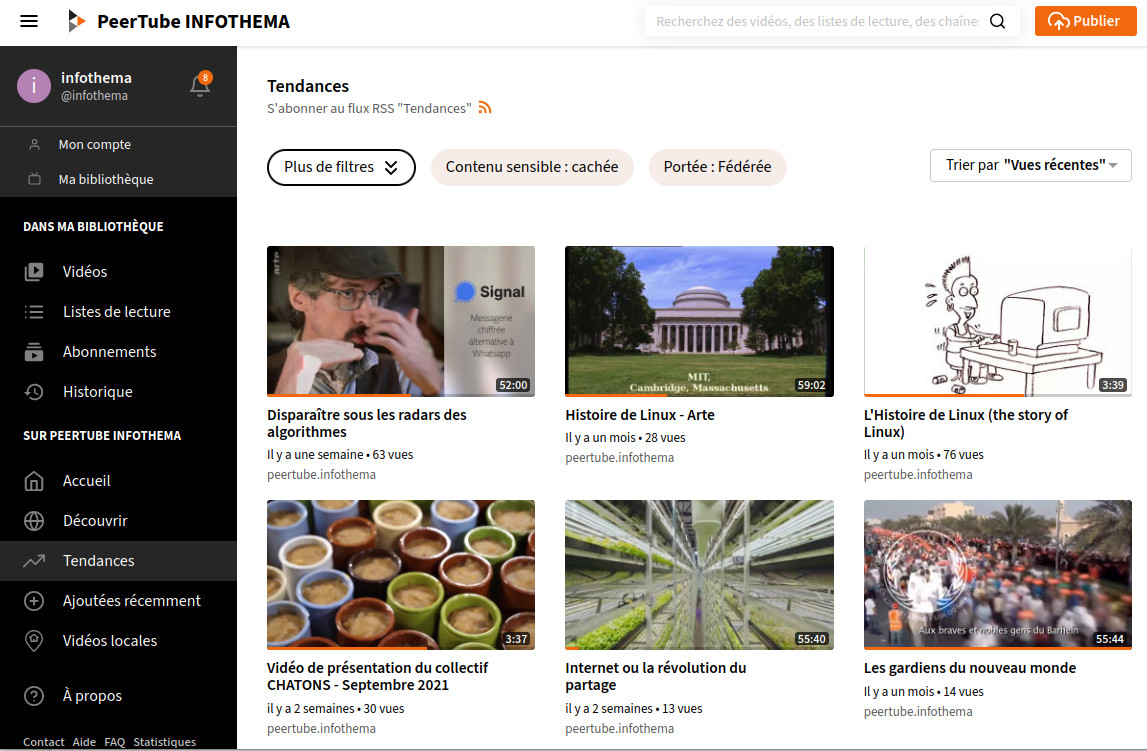 EricLEFLOCH's tweet photo. PeerTube INFOTHEMA  : Premier service CHATON INFOTHEMA !

PeerTube INFOTHEMA : https://t.co/3zN10Bl3Oq

PeerTube est un logiciel libre d’hébergement de vidéo décentralisé permettant la diffusion en pair à pair. https://t.co/QEKftsr9Vo