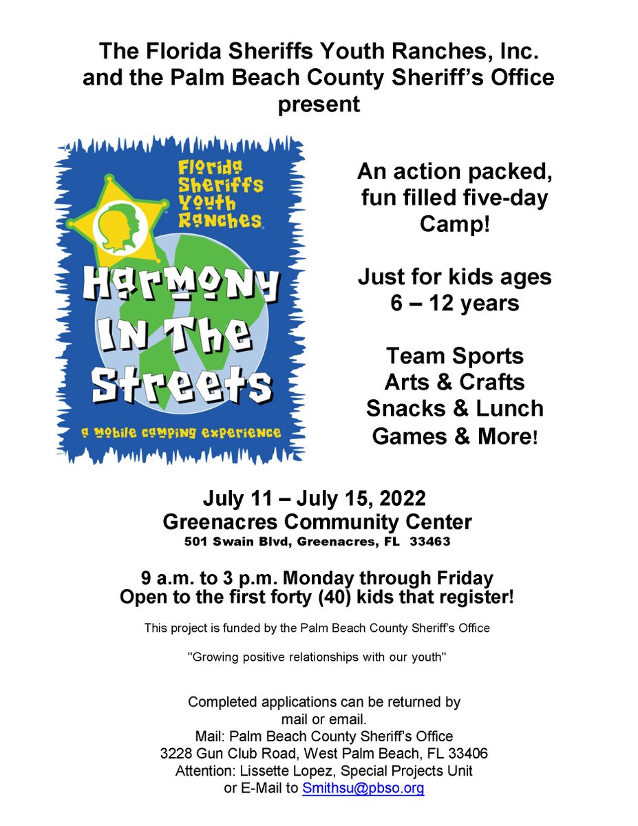 PBSO and the Florida Sheriffs Youth Ranches are hosting 'Harmony in the Streets' Summer Camp, July 11-15!☀️

Click here for the application and additional info: ⬇️ 
ow.ly/7WQC50JcfCT