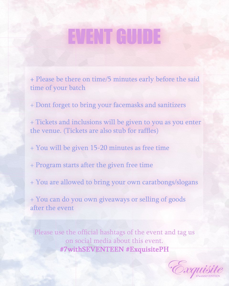 CabCaratEvents's tweet photo. D-6 BEFORE #ExquisitePH
PLEASE READ THE EVENT GUIDE CAREFULLY!
PS. You are not obliged to follow the dress code, we're only doing it just to add more fun during the event ^^ https://t.co/yYEeO34FX6