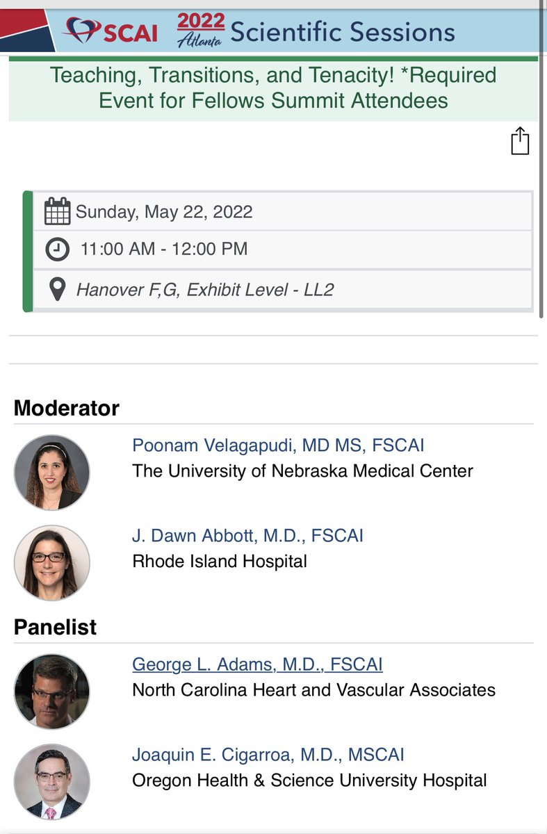 Pooh_Velagapudi's tweet photo. Looking forward to the ‘Teaching, Transitions, & Tenacity’ session w/ fellow’ case presentations on the last day at #SCAI22, 11am-12pm! @SCAI @scaiwin @ACCinTouch #UNMCIM @CvUnmc #ACCFIT #ACCEarlyCareer #ACCIC #FellowsSummit @JCigarroaMD @JDawnAbbott1 @AdnanKhalifMD @SriPittaMD https://t.co/7RLxoxrAHp