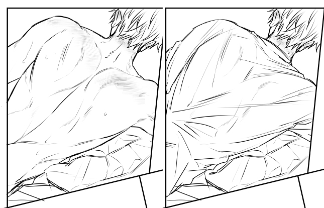 大胸筋を描いたほうがエロいかなって思って着手してたんだけど、服を着てたほうがエロいような気がしてきたので服を着せようかな。背中折角描いたけど、どっちがいいのか～?🤔 