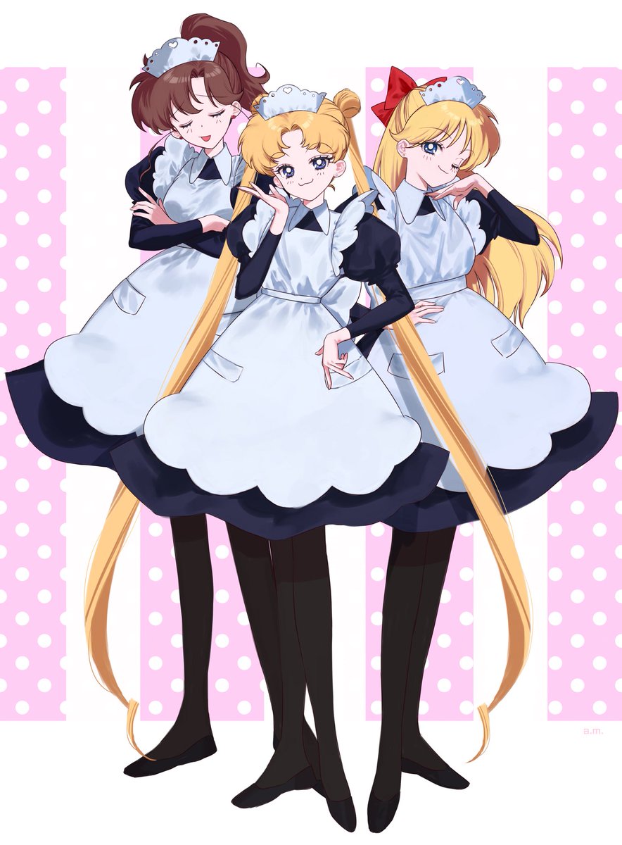 aino minako ,tsukino usagi 3girls multiple girls blonde hair maid brown hair maid headdress long hair  illustration images