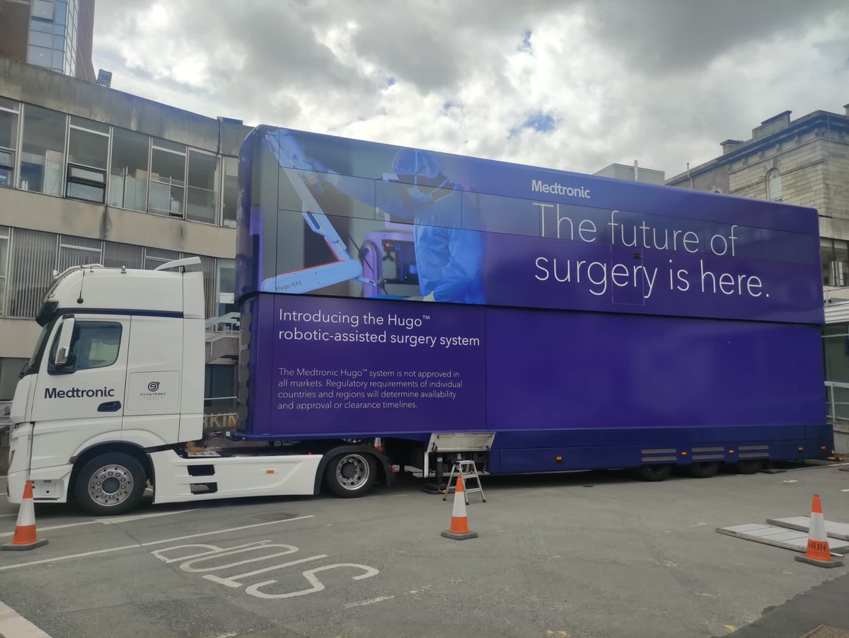Matersurgery's tweet photo. Welcome to Ireland #hugorobot!!@MedtronicIrl @Medtronic looking forward to the demo this week as the first stop on its nationwide tour #firstisthebest #digitalsurgery @TouchSurgery @matersurgery @MaterTrauma @UCD_Research #whatatruck with tks to @CillianClancy & Ms Debbie Killeen https://t.co/mjIwkuBiee