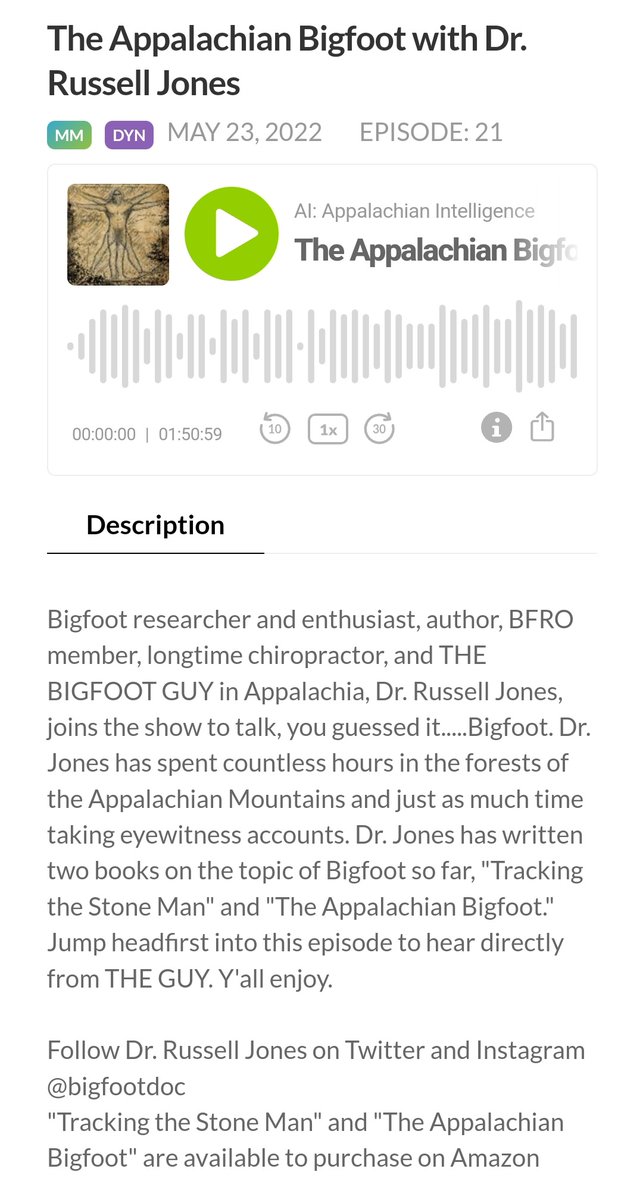 AiAppIntelPod's tweet photo. New episode drops at midnight. Be sure to check it out. @bigfoot_doc is THE GUY to talk to when it comes to the topic of Bigfoot. https://t.co/Wbx1kZEviA