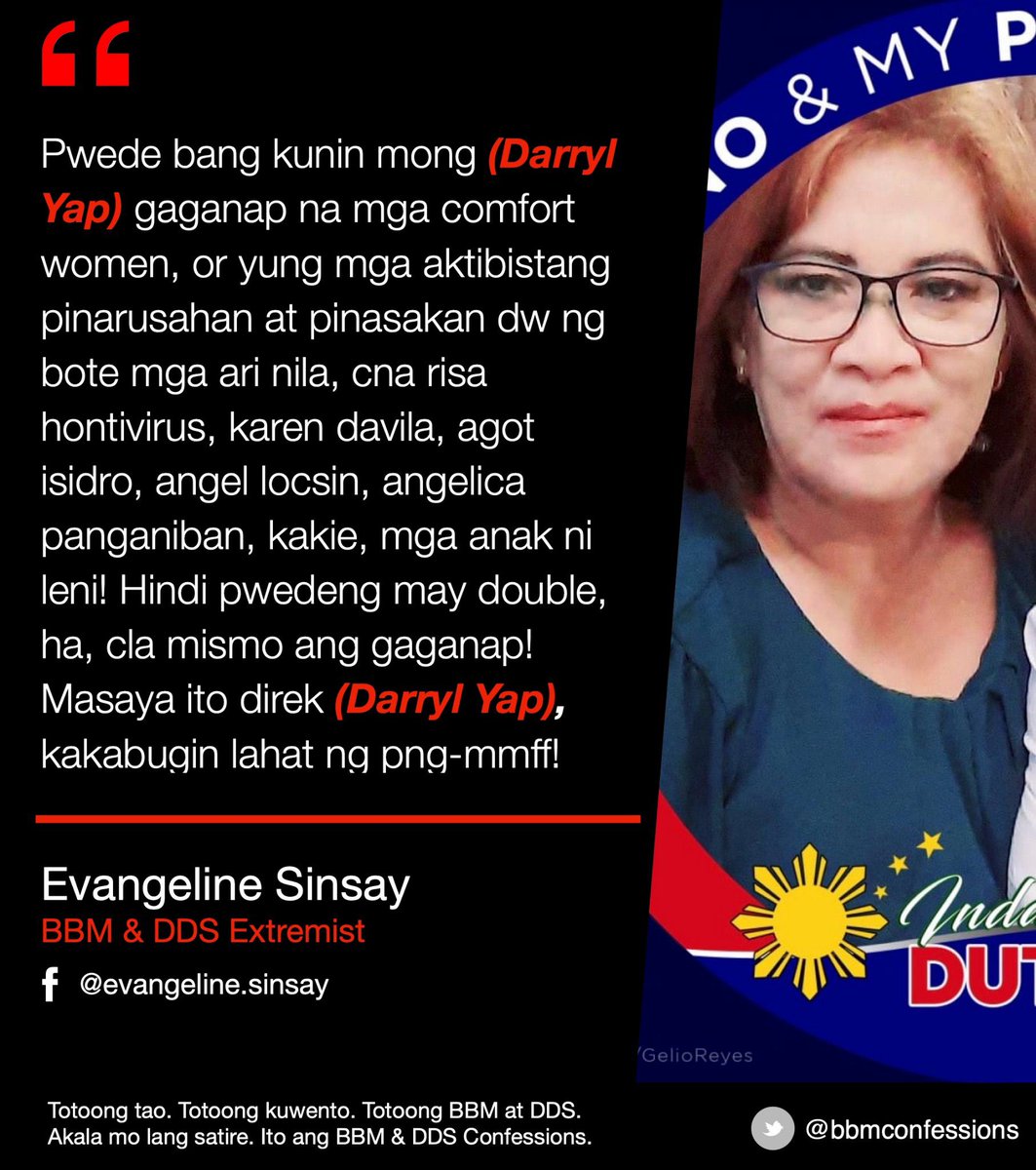 Bakit mader, ano problema mo? ”Nanalo” na manok mo, why still the so much hatred in your heart? Alalahanin mo, babae ka rin at sana wala kang mga anak na babae, dahil kung sa kanila sasabihin yang mga sinasabi mo, ok lang ba sa yo? Mag-hunusdili ka mader! Mabaho ang bunganga mo!