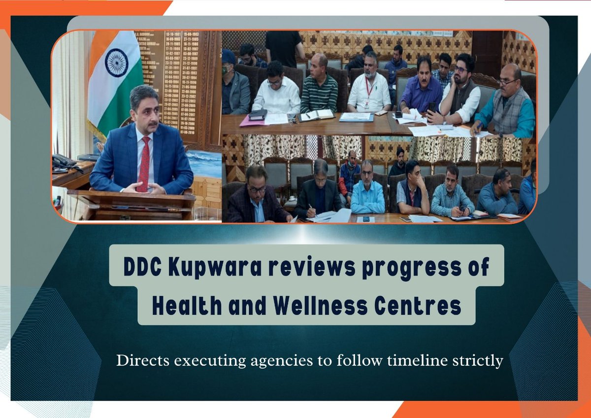#JubilantJammuKashmir 
DDC Kupwara reviews progress of Health and Wellness Centres directs executing agencies to follow timeline strictly !!
<a href="/PMOIndia/">PMO India</a>
<a href="/HMOIndia/">गृहमंत्री कार्यालय, HMO India</a>
<a href="/MoHFW_INDIA/">Ministry of Health</a>
<a href="/OfficeofLGJandK/">Office of LG J&K</a>
<a href="/diprjk/">Information & PR, J&K</a>
<a href="/ddnews_jammu/">DD NEWS JAMMU | डीडी न्यूज़ जम्मू</a>
<a href="/ddnewsSrinagar/">DD NEWS SRINAGAR</a>
<a href="/NHMJK5/">NHM, J&K</a>
<a href="/PIBSrinagar/">PIB in Jammu Kashmir & Ladakh</a>
<a href="/ByYatishYadav/">Yatish Yadav</a>