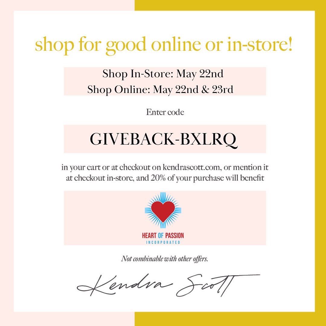 HeartofPassion's tweet photo. Still searching for a graduation gift? Check out @KendraScott AND support HoP! 20% of proceeds will go towards funding RCD when you use the code or mention HoP at checkout!

In store: Sun, 5-22
Online: Sun, 5-22 and Mon, 5-23

#hopnola #kendrascott #rcd2022 #plusit #bethespark https://t.co/mkVZx7rN4W