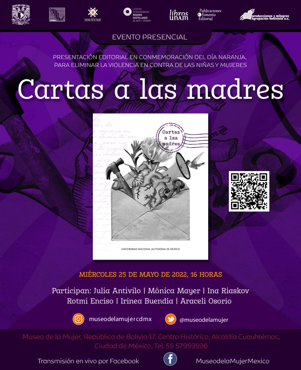 Compartimos esta invitación a la publicación de libro dedicado a madres de desaparecidos y víctimas de feminicidios ‘Cartas a las madres' será presentado miércoles 25 de mayo y estará disponible de manera gratuita.