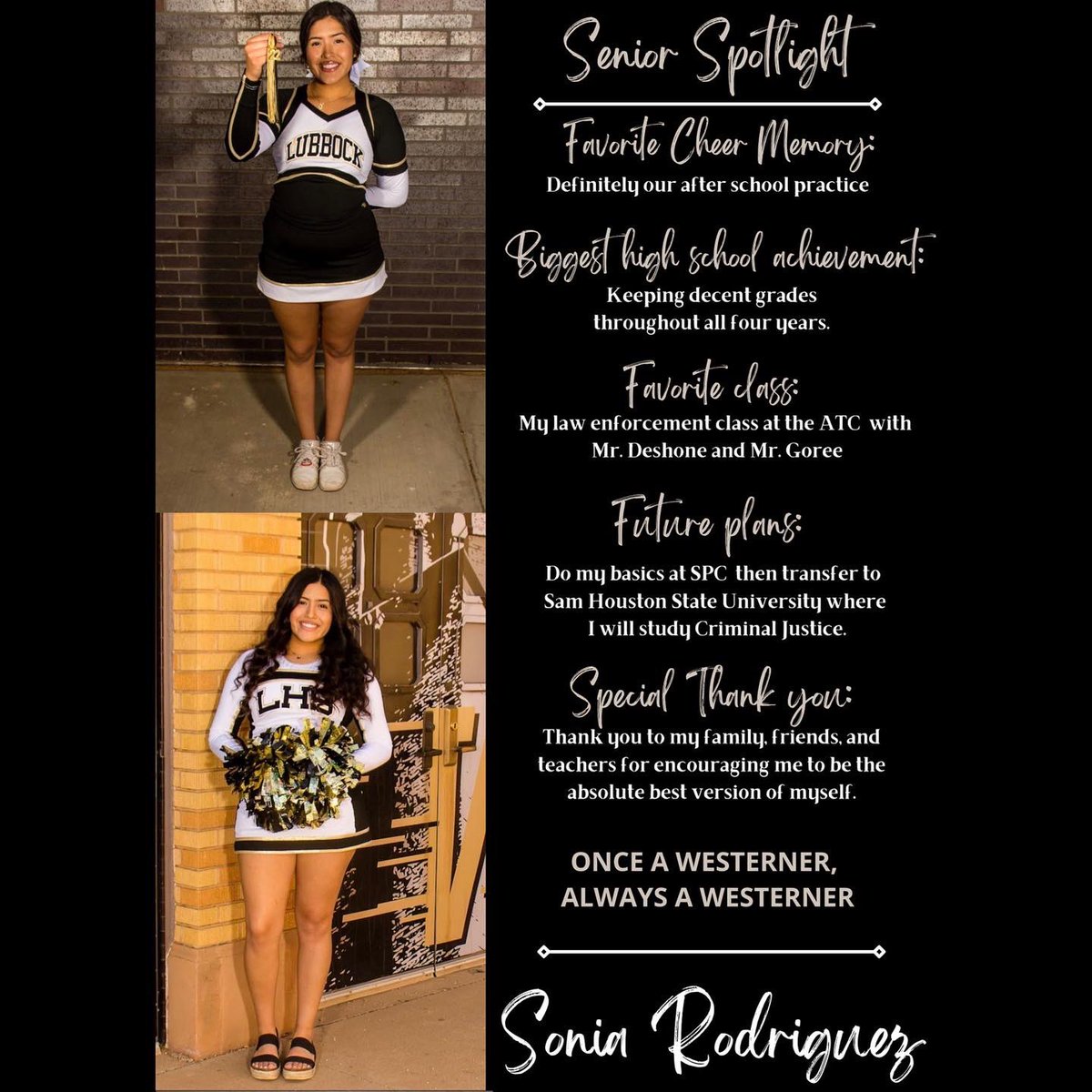 Senior spotlight Class of 2022! Sonia Rodriguez, we will miss you! 🖤💛📣🎓 #Classof2022 #lhscheer #varsitycheer