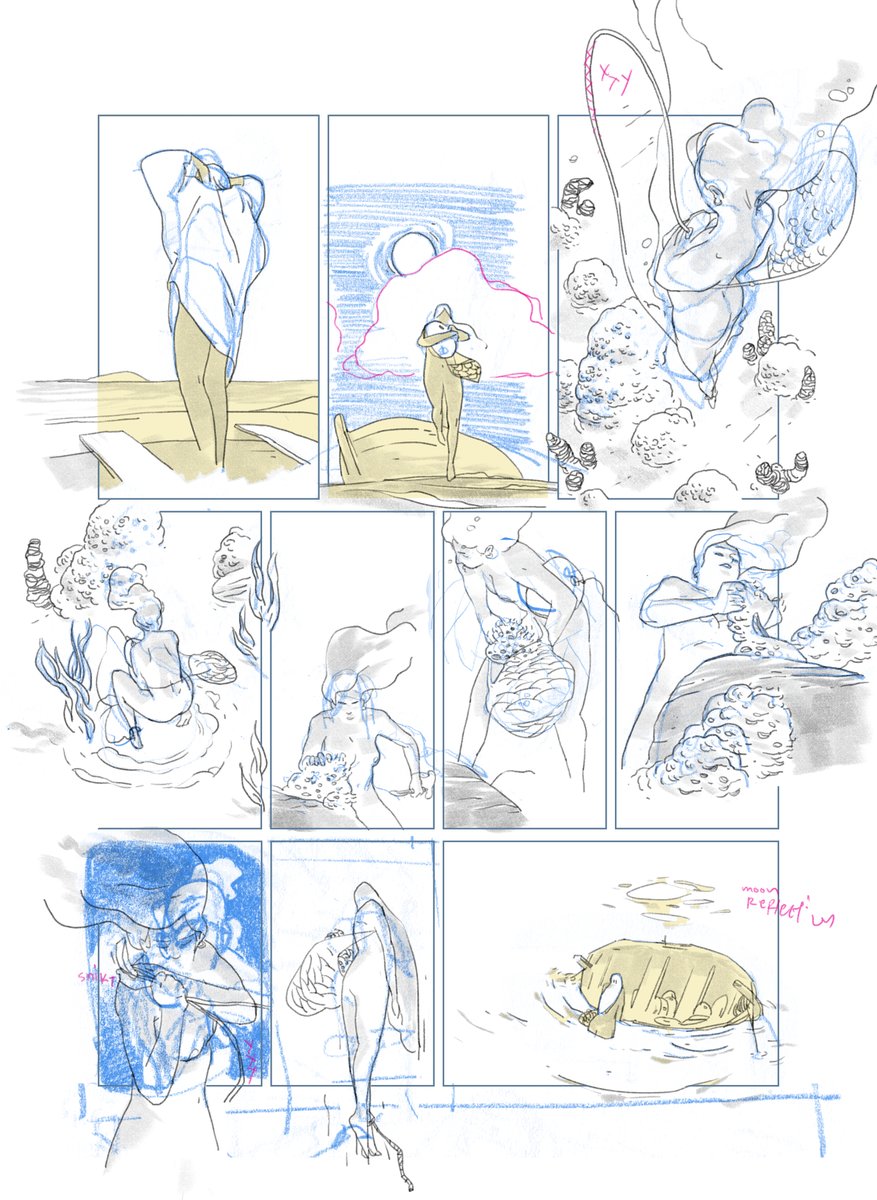 tsoukn's tweet photo. iland pages progress:
blue lines are from the thumbnails that are done in my sketchbook
then I scan them and put the page together
next I do pencils
the pink layer is my notes and "don't forget"s.
#iland #ilandcomic #dargaud #comics #islands #greece #wacom #clipstudiopaint https://t.co/lKKiavzkzJ