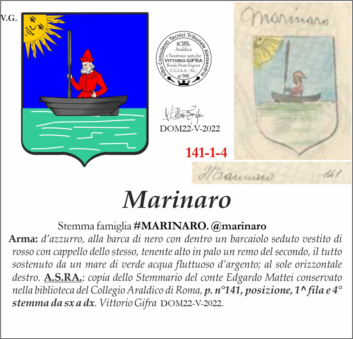 VGIFRA's tweet photo. Stemma famiglia #MARINARO. @marinaro
Arma: d’azzurro, alla barca di nero con dentro un barcaiolo seduto vestito di rosso con cappello dello stesso, tenente alto in palo un remo del secondo, il tutto sostenuto da un mare di verde acqua fluttuoso d’argento; al sole orizzontale DX. https://t.co/u7DRN2Svz1