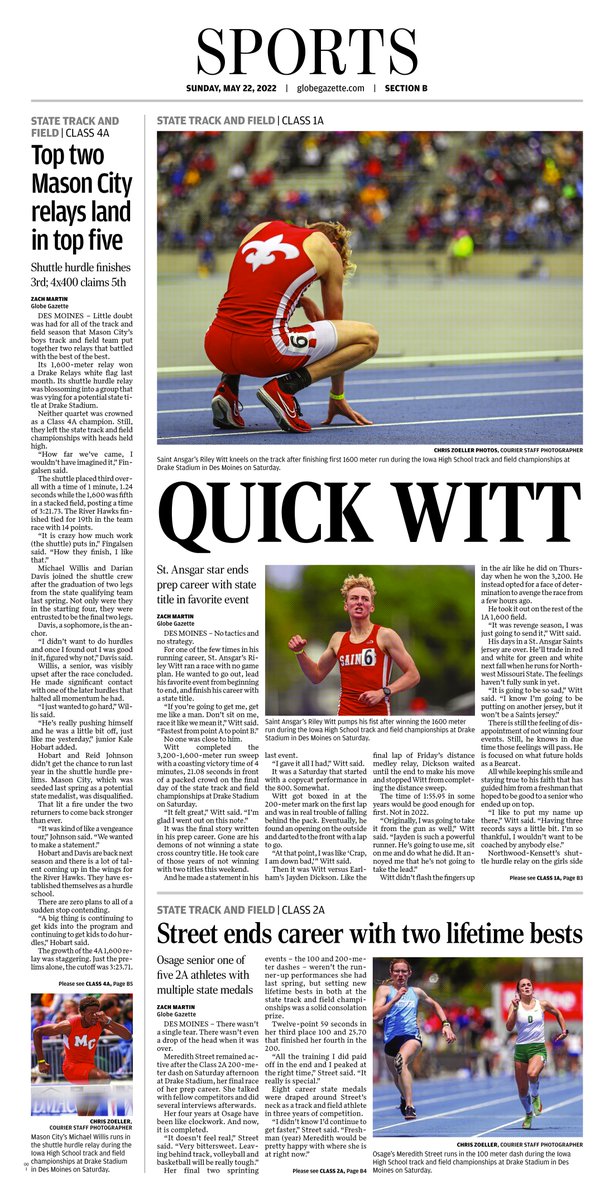 Good morning

Today's sports cover of the <a href="/globegazette/">Globe Gazette</a>. What an amazing photo by Chris Zoeller (<a href="/CZoellerCourier/">Chris Zoeller</a>) of St. Ansgar's Riley Witt (<a href="/rileywitt5/">Riley Witt</a>) after his win in the 1A 1,600.

This cover tops them all from this weekend. Just beautiful

#iahstrk