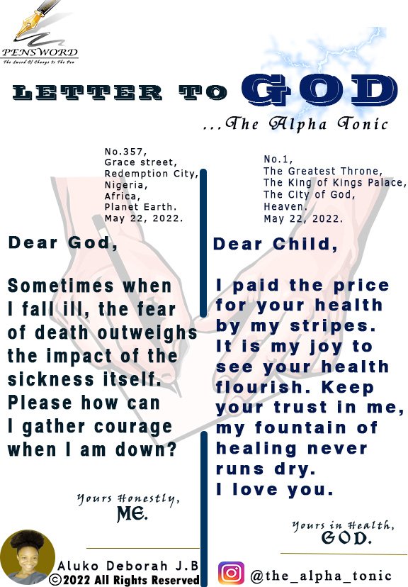 deborah_aluko's tweet photo. Your health is secured in Christ!🕊🕊
Has God ever come through for you during your down times?
Share with us.🤗
#Pensword✍🏽 #healing #divinehealthrealities #balmingilead #victoryoverfear #alphatonic💯 #LettertoGod🔥 https://t.co/CTLQklrMmS