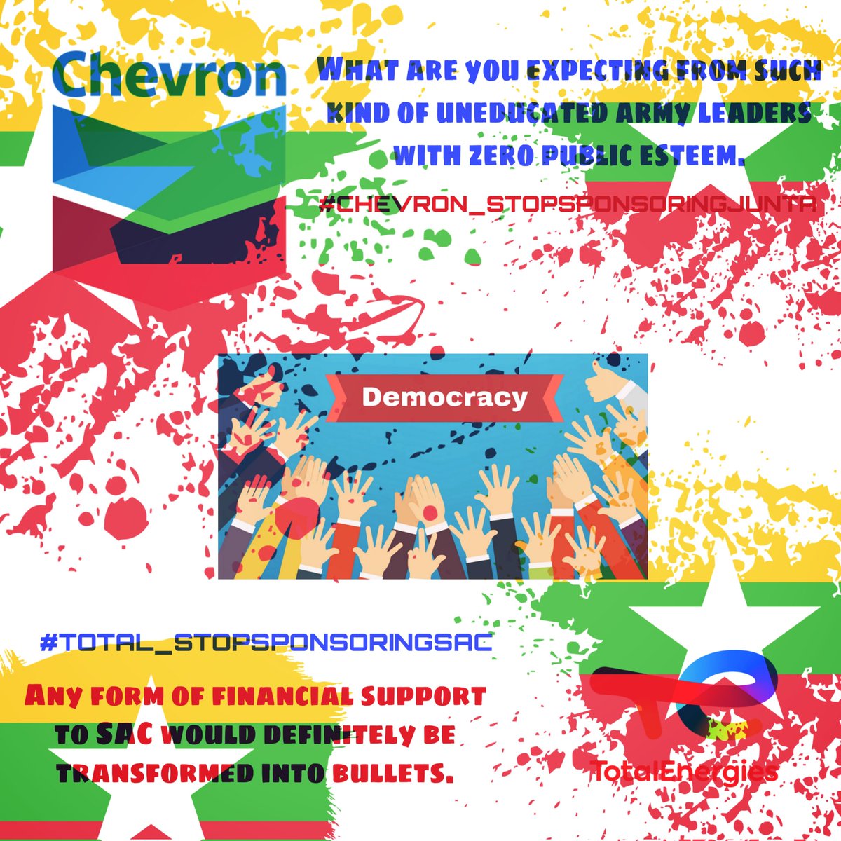 Chanapai247's tweet photo. The fact to bear in mind for @TotalEnergies &amp; @Chevron is that your colleague Myanmar military is gaining no favour not only in local but also at int'l affairs. What are you expecting from such kind of uneducated army leaders with zero public esteem.
#Chevron_StopSponsoringJunta https://t.co/xv2hG9yLOO