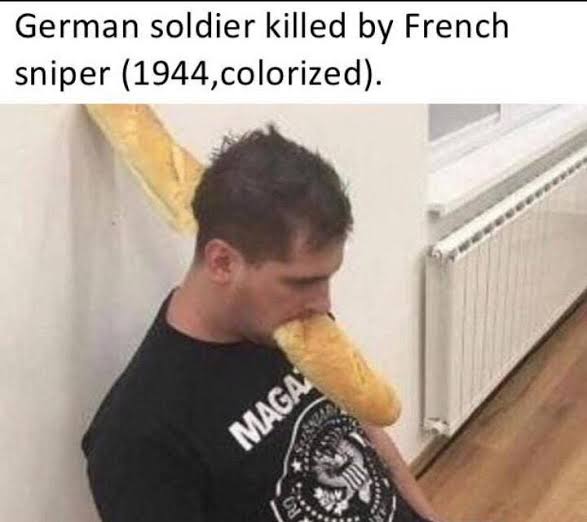 Kylooooo23's tweet photo. @memeland Don't underestimate this French delicacy. Leave it exposed for one day, and it's as dangerous as a high tech security system.

Here is an illustration of how one is also used during a war. #memelandtraits https://t.co/u5AvtHwhc1