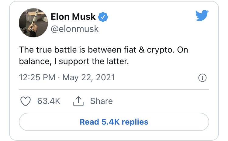 WatcherGuru's tweet photo. Elon Musk supports crypto over fiat. https://t.co/7Xj6YWD7DX
