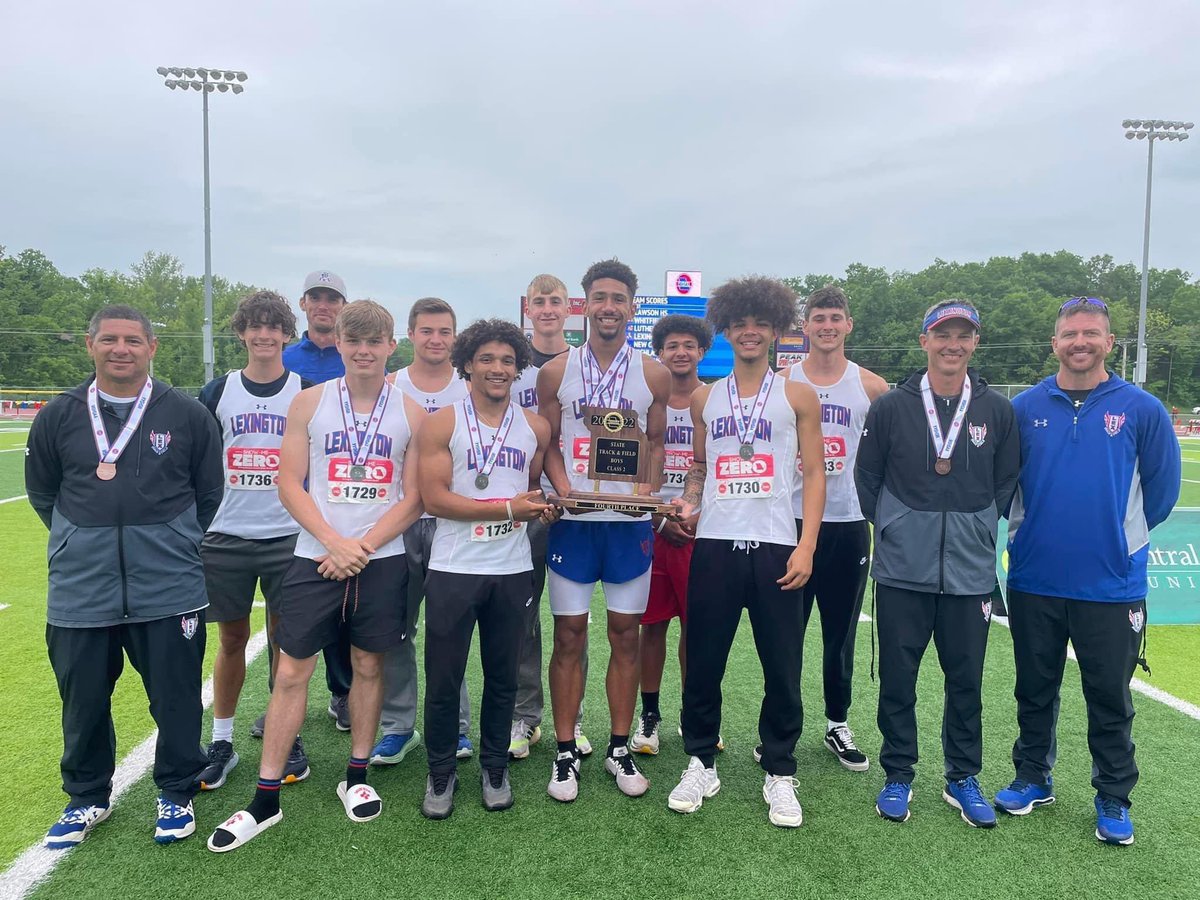 Lexingtonbball's tweet photo. S/O to our track team and coaches taking 4th place at STATE! Our guy @evan_gosnell ended his career with a BANG!! 
100 🥇
200 🥇
High Jump 🥇
4x1 🥈🏆 https://t.co/sMwkAORJaY