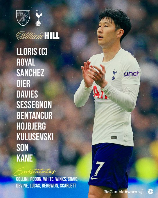 Starting XI: Lloris (C), Royal, Sanchez, Dier, Davies, Sessegnon, Bentancur, Hojbjerg, Kulusevski, Son, Kane Subs: Gollini, Rodon, White, Winks, Craig, Devine, Lucas, Bergwijn, Scarlett