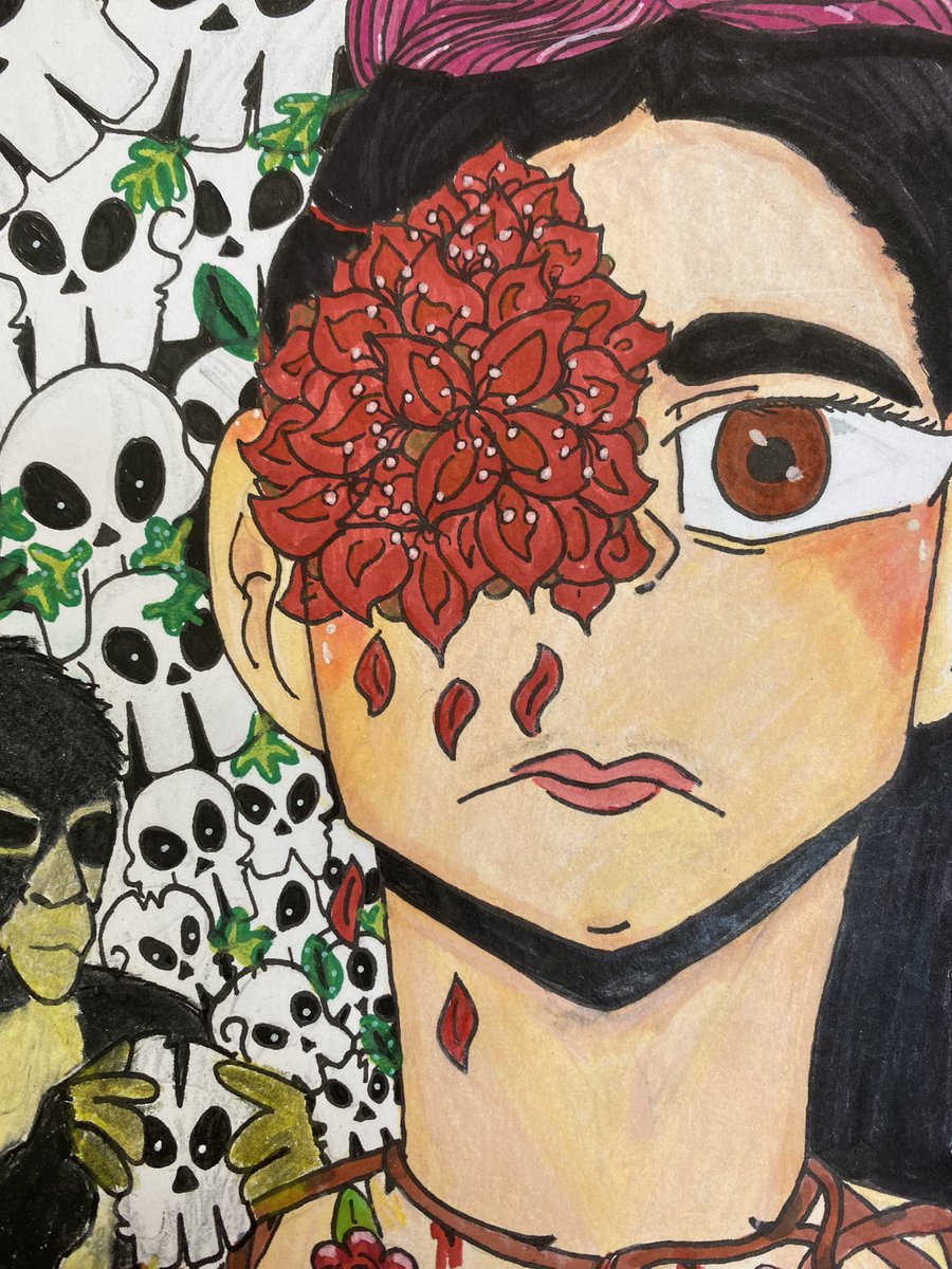 WickliffeArt's tweet photo. Kristina’s illustrated twist on a famous Frida Kayla painting for her Art II final project.. a very fun version.. #artII #art #highschoolart #highschool #finalproject https://t.co/5b4AmjvjZj