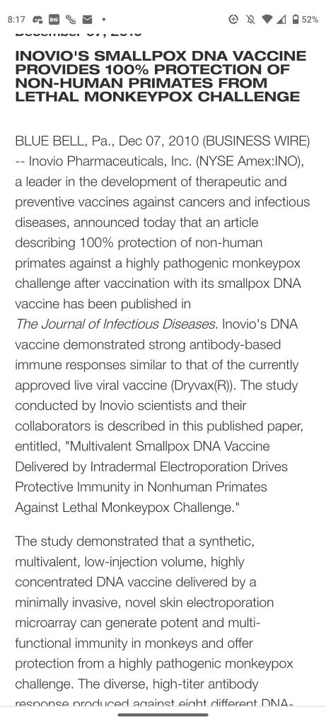 finalmetaverse's tweet photo. $Ino @BillGates #DOD #MONKEYPOX GOVT FUNDED SCALE UP. THEY HAVE THE DELIVERY MECHANISM TOO #CELLECTRA 👇🏽👇🏽🫣🫣 https://t.co/6gT3YCn0RA https://t.co/FNuT29dV1v
